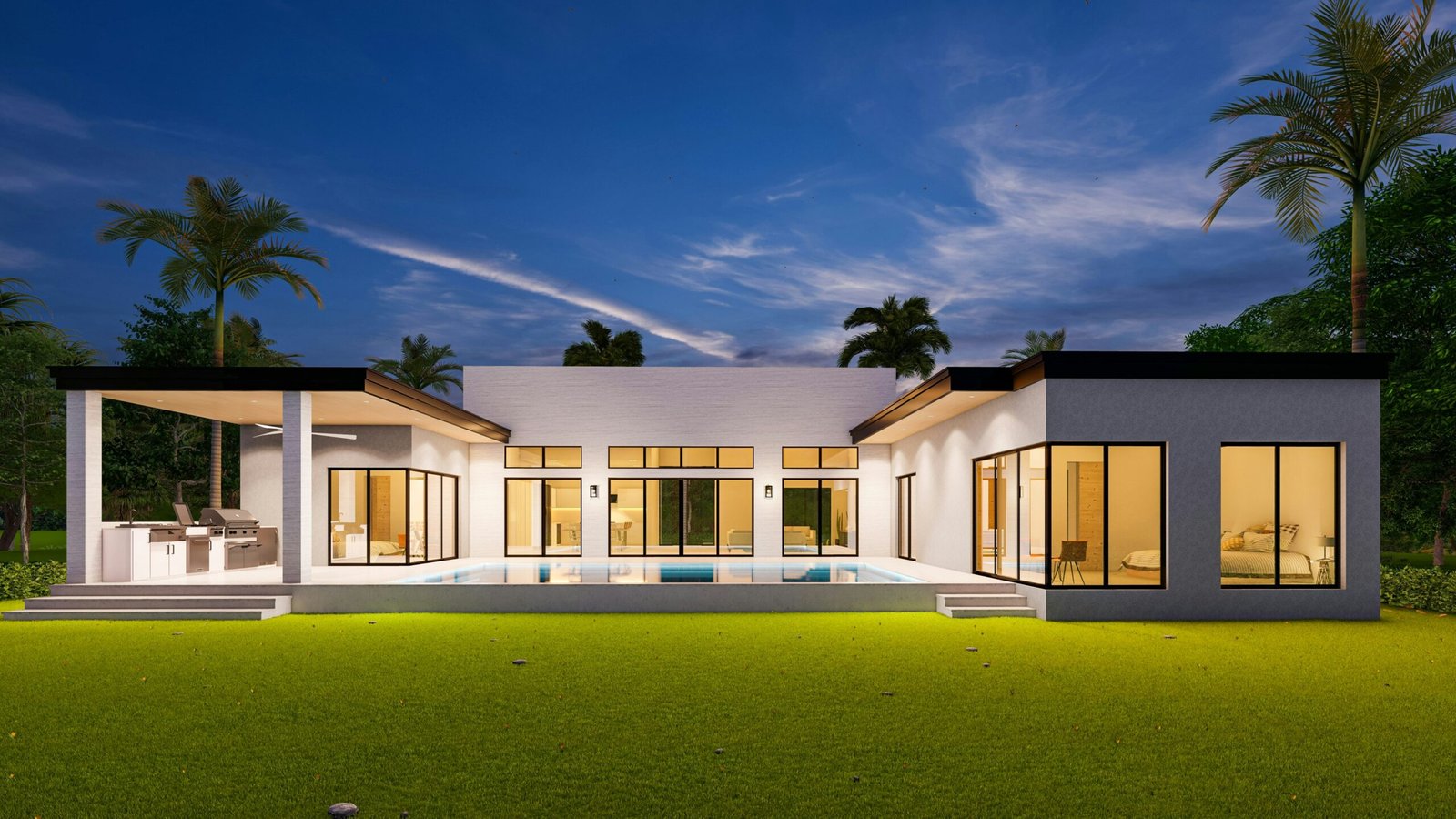 a modern house with a pool in front of it